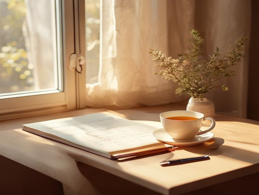 Minimalist desk planner with morning routine written out, warm natural light